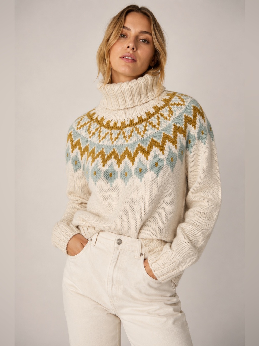 NEW Rachel Zoe Fair Isle Turtleneck Sweater | Chunky Knit Nordic Pullover